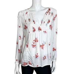 Lucky Brand White Floral Print V-Neck Long Sleeve Blouse Woman's M
